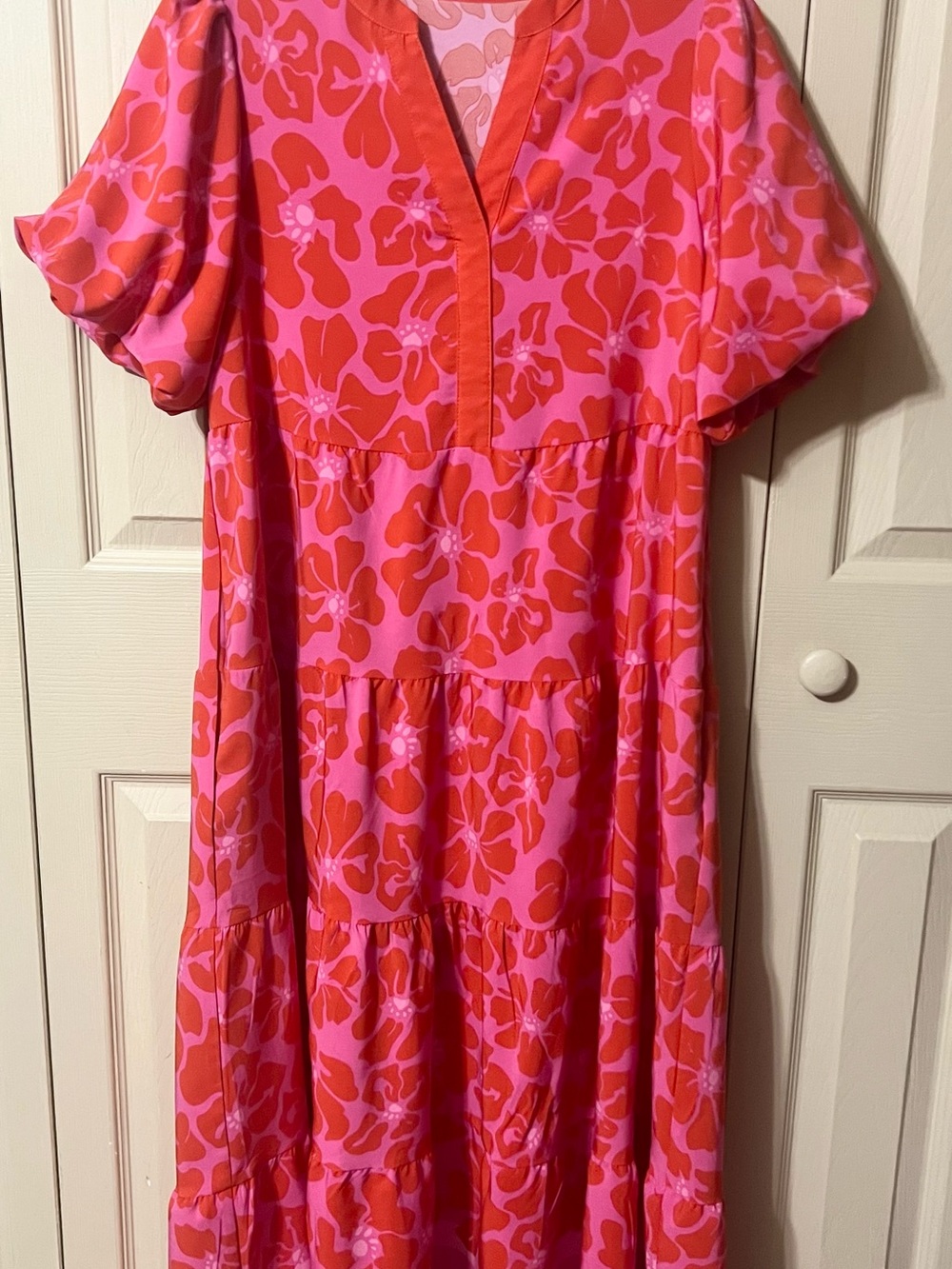 Mary Square Pink and Red Floral Tiered Midi Dress Size Small
